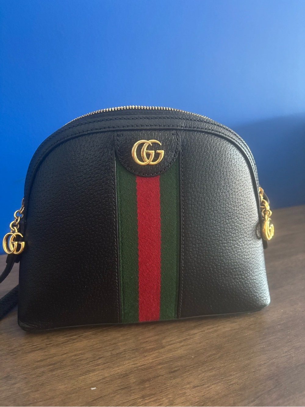Gucci Black Leather Crossbody with Red and Green Web Stripe. - Picture 1 of 5